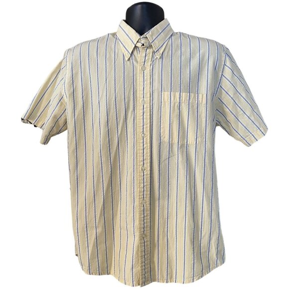 Land's End men's yellow short sleeve button front shirt size M , blue stripes, - Picture 1 of 7